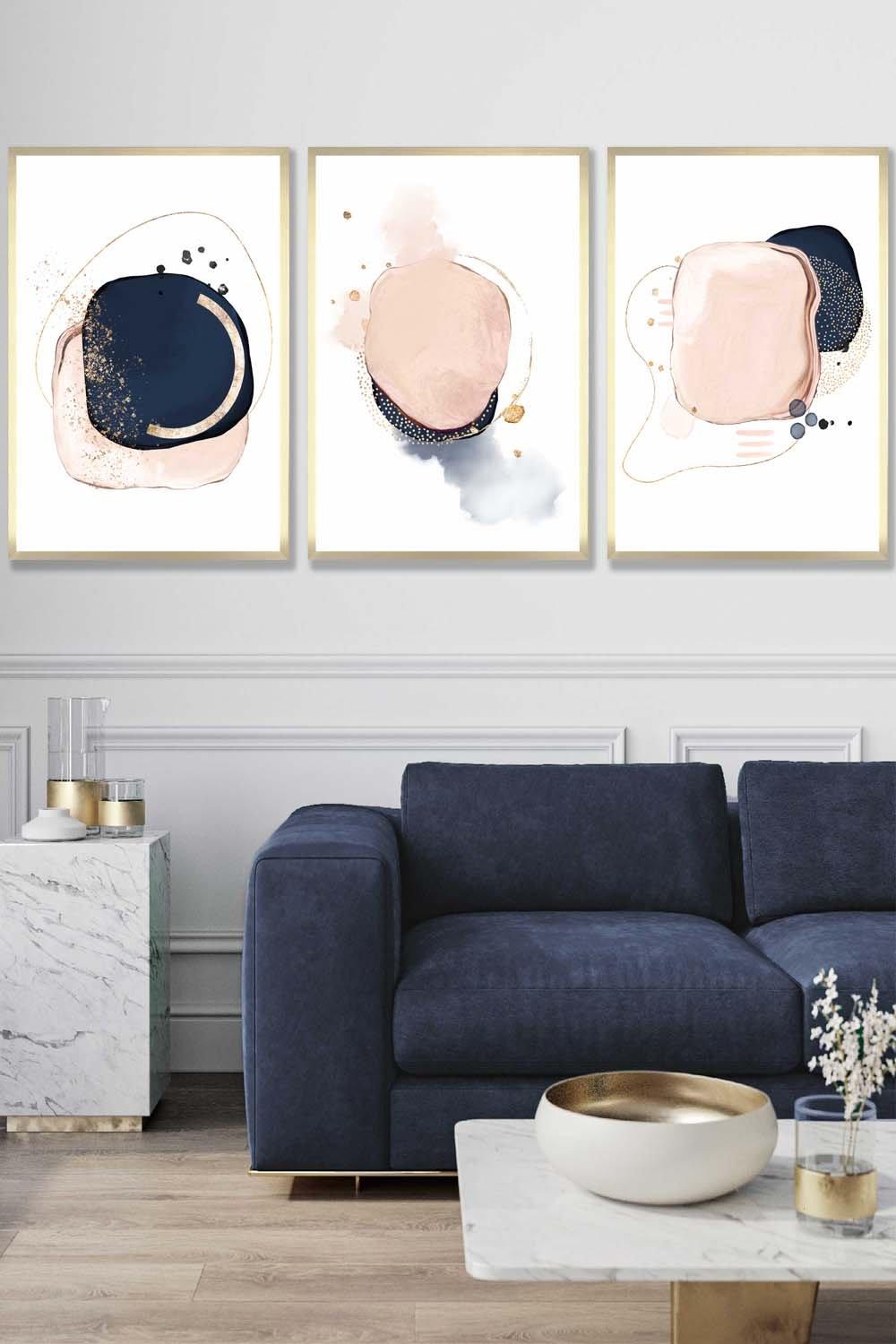 Framed Abstract Navy Blue and Blush Pink Framed Wall Art - Large